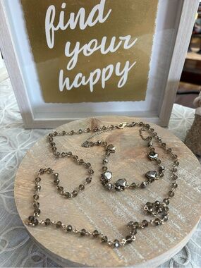 Banana Republic Smoky Crystal Layered Necklace Heart Station Long Gold Tone